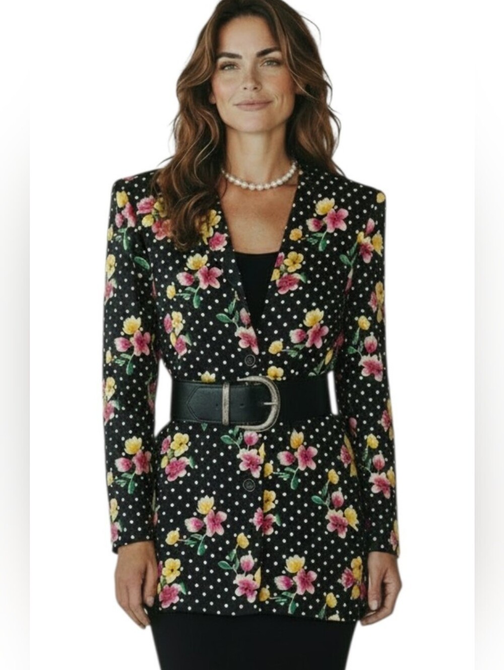 Vintage 100% Silk Nipon Boutique Black Floral & Polka Dot Blazer 4
